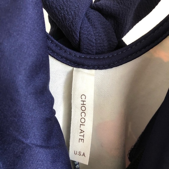 Chocolate Rose Floral Navy Flowy Tie Blouse Top S - Picture 5 of 8